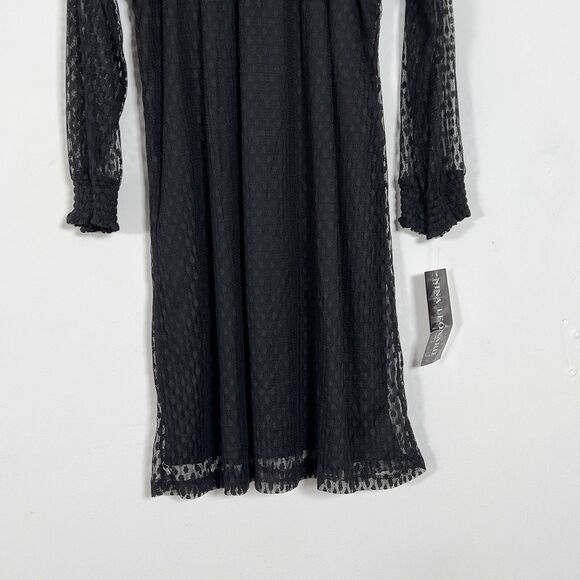 Nina Leonard Sheer Lace Overlay Mock Neck Sheath Dress Sz L Black Long Sleeve - Picture 8 of 16